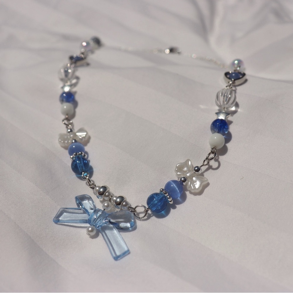 Blue Beaded Necklace with Bow